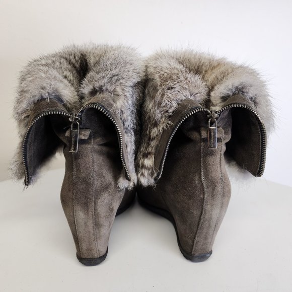 Aquatalia Womens 8 Genuine Fur Taupe Suede Fold Over Wedge Heel Back Zip Boots - Picture 7 of 15